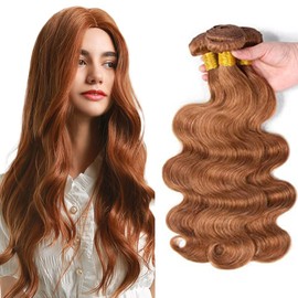 Light Brown Body Wave Bundles #30 Brown Human Hair Bundles Remy Hair Weave Extensions Double Weft Hair Bundles 100% Unprocessed Brazilian Hair 3 Bundles For Woman 24 26 28 Inch