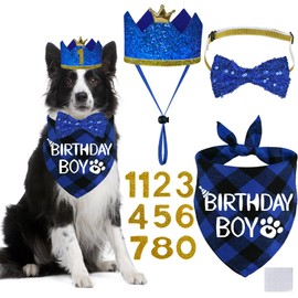 STMK Dog Birthday Party Supplies, Multi Size Dog Birthday Hat with Numbers Dog Birthday Boy Bandana Bow Tie for Large Extra Large Dogs Pets (Blue, X-Large)