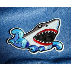 Breaching Shark Wave Patch – Large Iron On Embroidery Sea Predator Badge (10 x 8cm)