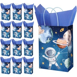 FYSUIMU Outer Space Paper Bag with Blue Tissue Paper Galaxy Astronaut Space Gift Bags with Handles Candy Goodie Bags for Birthday Baby Shower Party Favors Supplies, 16Pcs