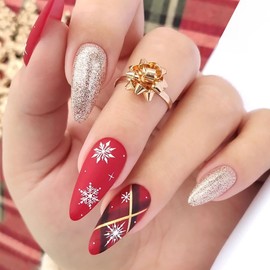Christmas Press on Nails Medium Almond Fake Nails with Design Snowflake Glue on Nails Red False Nails Full Cover Matte Acrylic Nails Gold Glitter Stick on Nails for Women and Girls Manicure 24Pcs