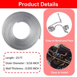 5/16" OD fuel line, 25FT 3003 Grade Aluminium Tubing with 6PCS Clamps/Holders for Brake Line, Transmission Line, Metal Gas Line, AC Line, Refrigeration Equipment