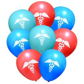Doctor / Nurse / Medical Caduceus Latex Party Balloons (16 pcs) by Nerdy Words (Red, Aqua & Blue)
