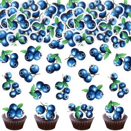 40PCS Edible Blueberry Cupcake Toppers Blueberries Fruit Dessert Blue Berry Fruits Gingham Summer Spring Glutinous Rice Paper Birthday Tea Party Bridal Baby Shower Tableware Party Supplies