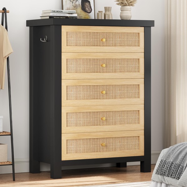 Jocoevol Rattan Dresser for Bedroom with 5 Drawers - Wood