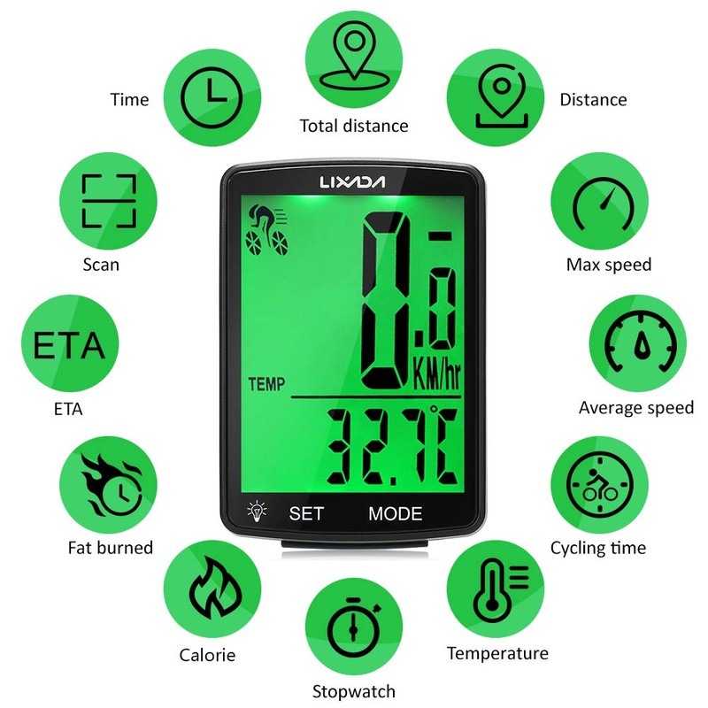 Lixada Bicycle Computer Wireless Multifunctional LCD Screen Bicycle Rainproof Speedometer