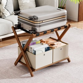 oakvivo Fully Assembled Walnut Luggage Racks Set of 2 with 4 Storage Boxes, 26.77" Bamboo Luggage Rack Stand for Guest Room, 5 Nylon Straps, Folding Suitcase Stand with Storage Shelf for Bedroom Hotel