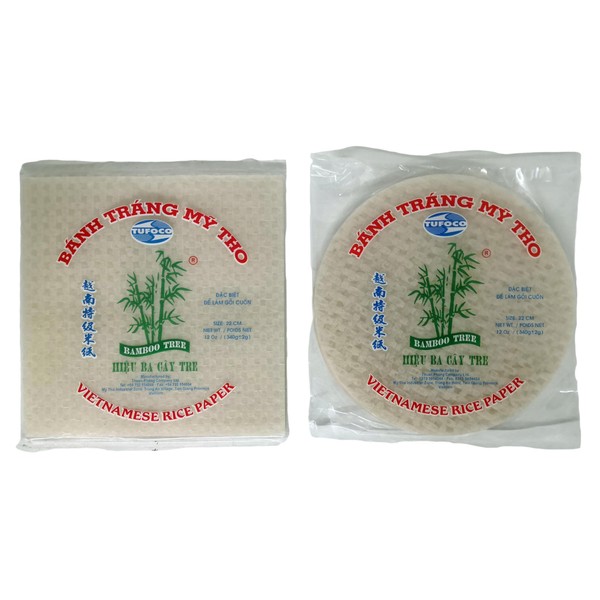Bamboo Tree Vietnamese Rice Paper Selection Pack - 1 x 22cm Round Rice Paper 340g / 1 x 22cm Square Rice Paper 340g (Total 2 Packets) | Great for Spring Rolls