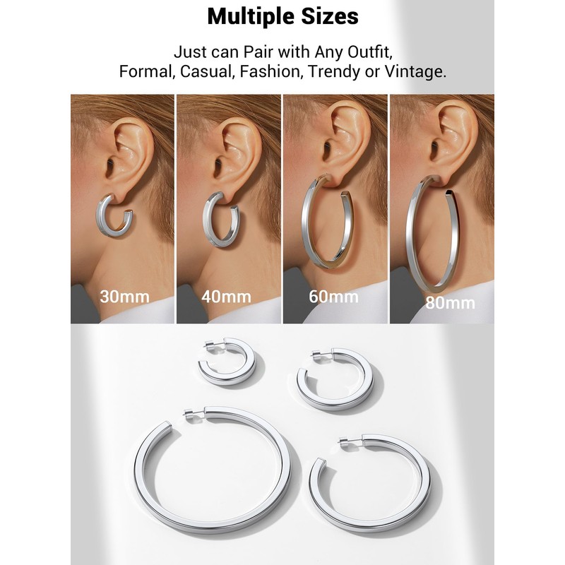 Open Hoop Earrings for Women Thick Chunky Hypoallergenic 30MM Silver