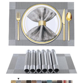 BETEAM Placemats Set of 6 Woven Vinyl Placemat for Dining Table Washable Wipeable Kitchen Place Mats Durable Indoor Outdoor Table Mats -02 Silver Grey, 6 Pcs