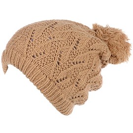 BYOS Winter Adorable Warm Plush Fleece Lined Leafy Chucky Slouchy Knit Beret Beanie Hat W/Pom,Wool Blend (Caramel)