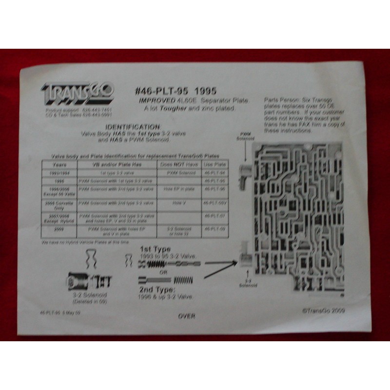 TRANSGO 4L60E NEW UPDATED VALVE BODY SEPERATOR PLATE 1995