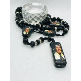 Rosario Jesus Malverde cristal Negro e imagen en tableta de madera hecho a mano