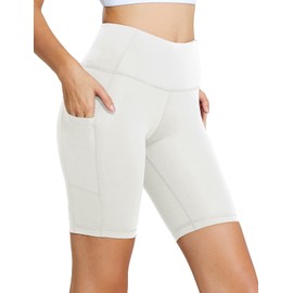 BALEAF Pantalones cortos de ciclista de cintura alta para mujer, 20,3 cm, 17,7 cm, 12,7 cm, para entrenamiento, yoga, correr, gimnasio, compresi n de elastano, bolsillos laterales, A-blanco-8 pulgadas, S