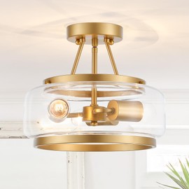 MERCASA Modern Gold Semi Flush Mount Ceiling Light,3-Lights Gold Glass Drum Ceiling Light Fixture for Kitchen Island Dining Room Entryway Hallway,E26