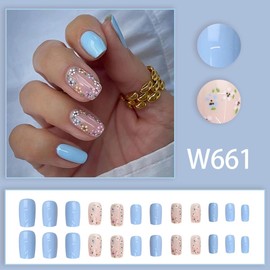 Blue Press on Nails Square Short Fake Nails Colorful Flowers Glue on Nails with Designs Full Cover Coffin Nails Nude Glossy Stick on Artificial Nails with Charms for Women Girls 24Pcs