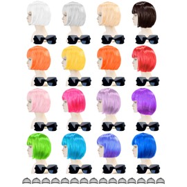 MIUSKATL 16 Pack Colored Bob Wigs with Bangs, Colorful Wigs with Sunglasses Bulk, Neon Party Fun Hair Wig for Women Costume Cosplay (Multicolor)