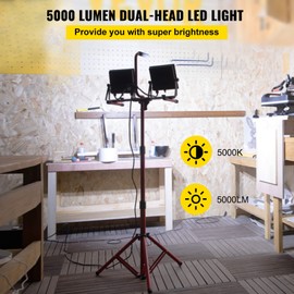 Happybuy LED Work Light with Stand, 5000 Lumen Dual-Head, Adjustable 27.6"-68.1" Tripod, IP65 Waterproof, 5000K Color Temperature, Foldable, for Construction, Workshops, and Outdoor Use