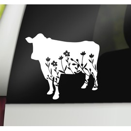 Floral Cow Decal | Farm Animal Decal | Farming Car Decal | Cow Decal Bumper Sticker Window Laptop Tumbler Decal | 5.5" x 4.8" Size White | Made in USA | DECALBUNNY