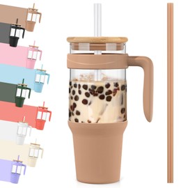 Tronco 40 oz Glass Tumbler with Handle, Reusable Glass Tumbler with Straw and Lid, Iced Coffee Cup with Bamboo Lid, Glass Water Bottles Fit in Cup Holder, Smoothie Cup