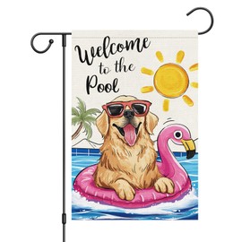 Louise Maelys Welcome Summer Pool Garden Flag 12x18 Double Sided, Burlap Small Golden Retriever Dog Garden Yard House Flags Outside Outdoor Spring Seasonal Pool Porch Lawn Decoration (Only Flag)