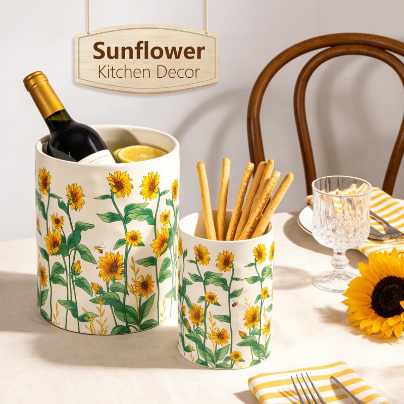 Sunflower Utensil Holder, 7.1"+5.4" Ceramic Utensil Holder for Kitchen Counter,