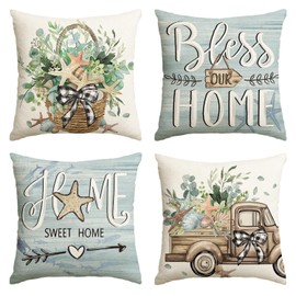 AVOIN colorlife Bless Our Home Eucalyptus Leaves Starfish Throw Pillow Covers, 18 x 18 Inch Seasonal Spring Summer Truck Home Sweet Home Cushion Case Decorations Set of 4