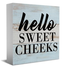 Funny Bathroom Sign Bathroom Decor Desk Decor Wooden Box Sign Rustic Wood Block Plaque Box Sign for Home Farmhouse Office Restroom Toilet Washroom Shelf Table Decoration Hello Sweet Cheeks Sign