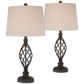 Franklin Iron Works Annie Traditional Rustic Farmhouse Table Lamps 28" Tall Full Size Set of 2 Bronze Iron Scroll Tapered Cream Drum Shade for Living Room Bedroom House Bedside Nightstand Home