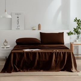 EVERLY Linen Sheets Set Queen Size,100% French Stonewash Pure Linen Sheets Set,4Pieces (1Flat Sheet,1Fitted Sheet,2Pillowcase) Suitable for Hot Sleepers,Deep Pocket Natural Bedding Set-Chocolate