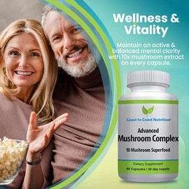 LAURALS Coast to Coast Nutrition Advanced Mushroom Complex - Lions Mane, Reishi, Cordyceps, Chaga, Turkey Tail, Maitake 10X Mushroom Blend. 60...     