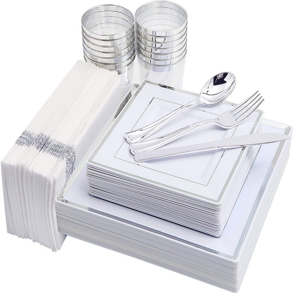 I00000 175PCS Silver Plastic Plates, Disposable Silverware, Napkins & Cups, Silver Square Dinnerware Include 25 Dinner Plates, 25 Salad Plates,25 Forks,25 Knives,25 Spoons,25 Tumblers, 25 Guest Towels