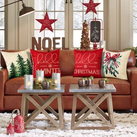 Sungeek Set of 4 Christmas Cushion Covers, Linen Decorative Cushion Covers, Santa Claus Cushion Cover, Decorative Cushion Cover for Sofa, Couch, Bedroom, Living Room (40 x 40 cm, Hello Winter)