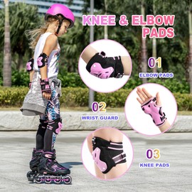 2PM SPORTS Knee Pads for Kids, Wrist Guards Knee and Elbow Pads Set with Drawstring Bag, Protective Gear Set for Girls Boys Roller Skating Cycling Skateboard - Pink Small