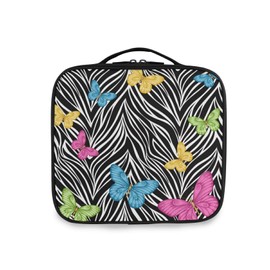 Seamless Colorful Butterflies on Black White Zebra Skin Print Large Women Makeup Bag, Train Toiletry Storage Case, Portable Coin Purse Holder Zipper Pouch Travel Cosmetic Organizer for Women and Girls