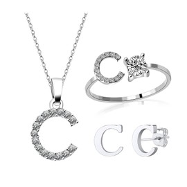 Loqimu Paquete de 3 conjuntos de joyas con iniciales, anillos con colgante en mayúscula, collar y arete, accesorios para mujeres, Metal Acero aleado, Circonita cúbica