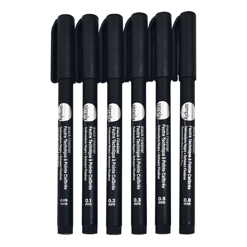 Daler-Rowney Simply Black Fineliners Set, 6 Pens, Ilustration, Drawing, Water-Resistant,