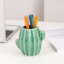 Aewill Ceramic Cactus Pen Holder Stand Cup Cactus Pencil Holder Organizer Makeup Brush Holders for Home Office Desk (Green Cactus)