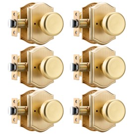 STARPY 6 Pack Pismo Doorknobs for Bath & Bedroom, Gold Interior Door Knobs with Camelot Trim, Satin Brass Door Knob with Lock