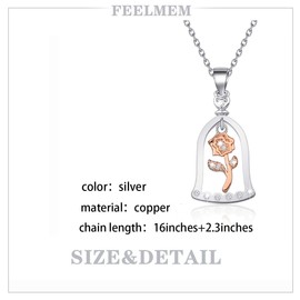 FEELMEM Fairytale Jewelry Belle Rose Charm Jewelry Beauty Belle Rose Charm Pendant Necklace Romantic Princess Mothers Day Valentine Birthday Gift