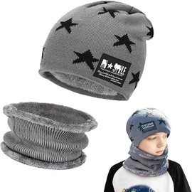 Amebleak Children's Winter Hat and Scarf Set, Winter Warm Beanie Hat, Unisex Knitted Hat with Fleece Lining Hat Scarf, Wool Knitted Hat and Loop Scarf for 6-14 Years Old Boys Girls, gray