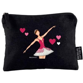 Mariela Ballerina Kosmetiktasche – Kosmetiktasche aus recycelter Baumwolle in Schwarz, 21 x 16 cm, beidseitig bedrucktes Design, Schwarz , 21cm x 16 cm, Ballett