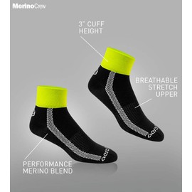 AERO|TECH|DESIGNS | Lightweight Wool Blend Athletic Socks | 3" Quarter Crew | Safety Yellow and Black | Large