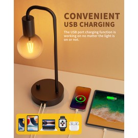 ONEWISH Industrial Table Lamp Set of 2 with USB C&A Charging Port, Stepless Dimmable Nightstand Bedside Lamps for Bedroom,Desk Lamps with 2700K Black Gradient Bulb for Reading Living Room,Office