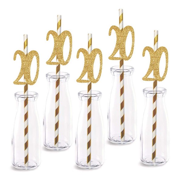20th Birthday Paper Straw Decor, 24-Pack Real Gold Glitter Cut-Out Numbers Happy 20 Years Party Decorative Straws