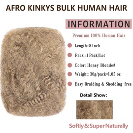 Xtrend 8 Inch 1Pack 30Gram Honey Blonde Afro Kinkys Bulk Human Hair For Dreadlocks, Loc Repair, Dreadlocks Extensions Afro Kinky Human Hair Bleach Before Dyeing For Micro Locs Braiding Afro Kinky Hair