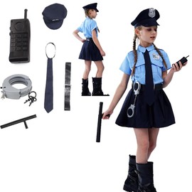 RemeeHi Police Cosplay, Police, Girls, Uniform, 7-piece Set, Halloween Cosplay, Children's Costume, Police Officer, Costume, Kids, Short Sleeve, Officer, Cute, Popular, Halloween Disguise, Events,