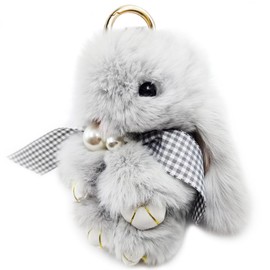 jtkdxqs Soft Cute Bunny Keychain Artificial Rabbit Fur Plush Fluffy Pom pom Keychain Rabbit Keychain With Pearl Bow Tie for Women,gray blue