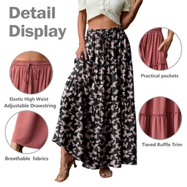 Qixing Womens Floral Boho Maxi Skirt Elastic High Waist Pleated A-Line Flowy Long Skirts