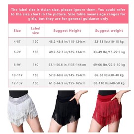 Girls Kids Fringe Dance Hip Skirt Mini Layered Tassel Swing Skirt Latin Ballroom Tango Performance(Red, 130cm)